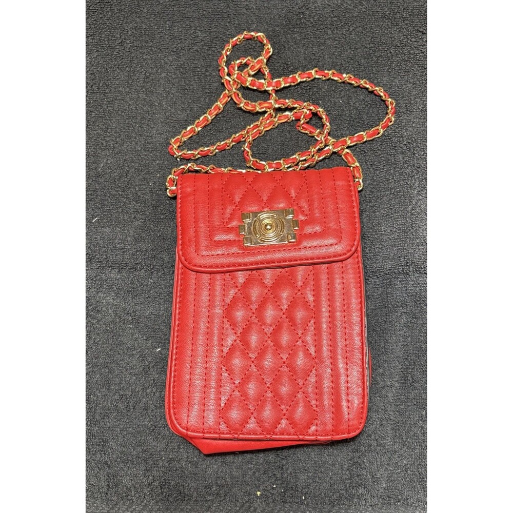 Womens small Red Quilted leather Purse with golden chain and red leather strap.